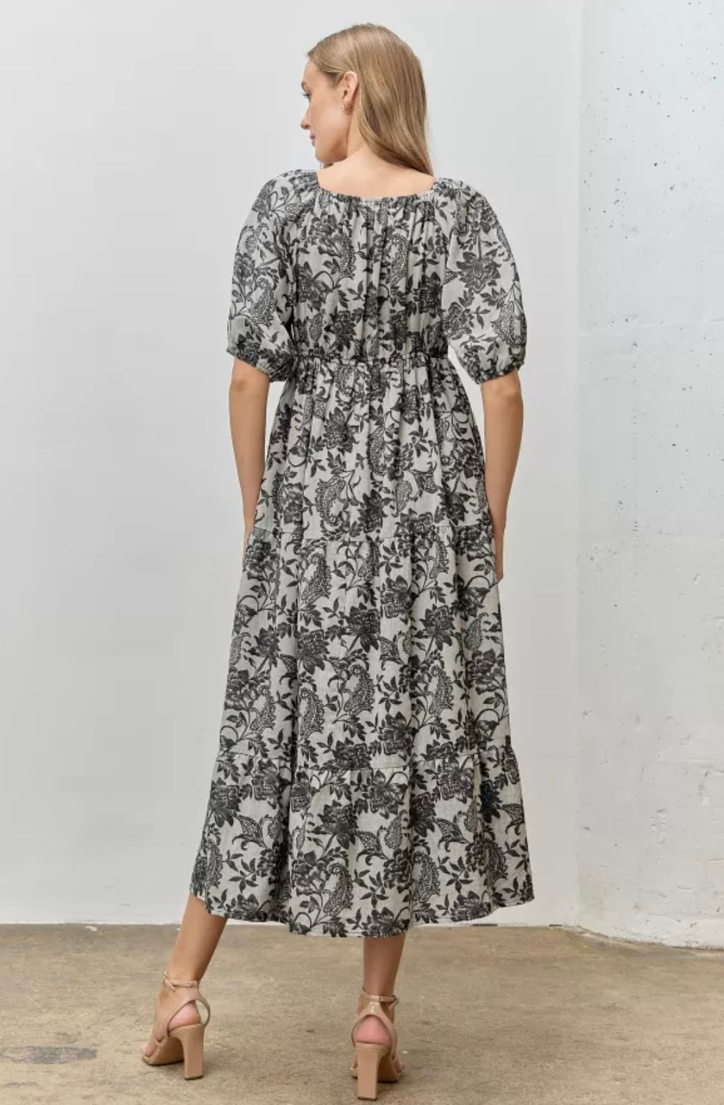 Printed Textured Tiered Midi Dress
