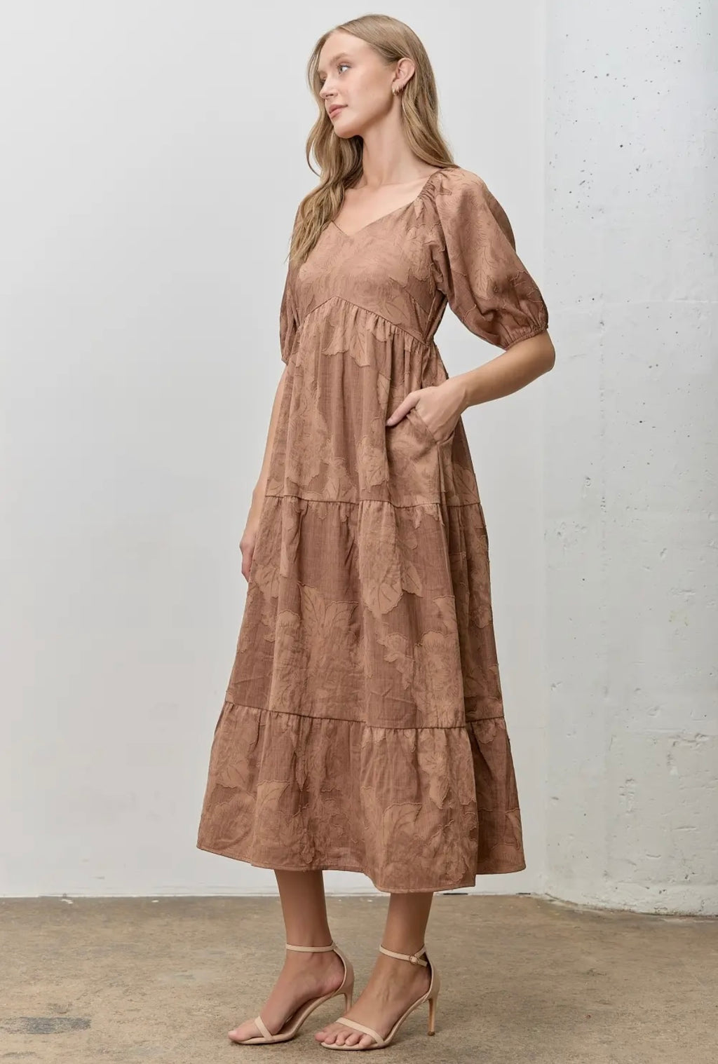 Jacquard Woven V-neck Short Sleeve Midi Dress