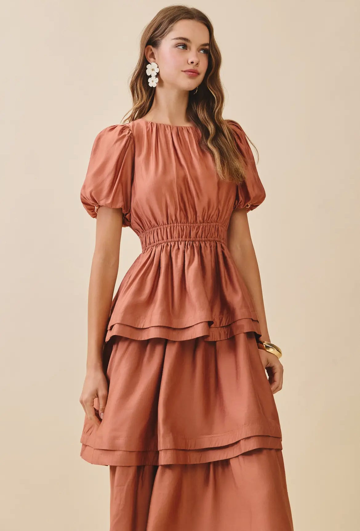Smocked Waist Tier Skirt Gather Bodice Midi Dress