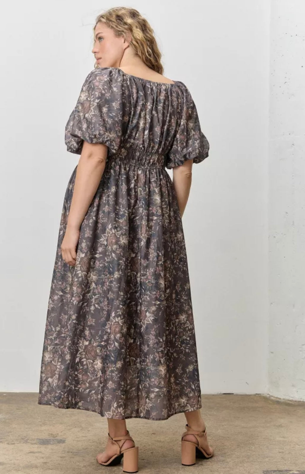 PLUS Floral Print Square Neck Bubble Sleeve Midi Dress