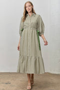 Green Striped Side Ribbon Midi Dress