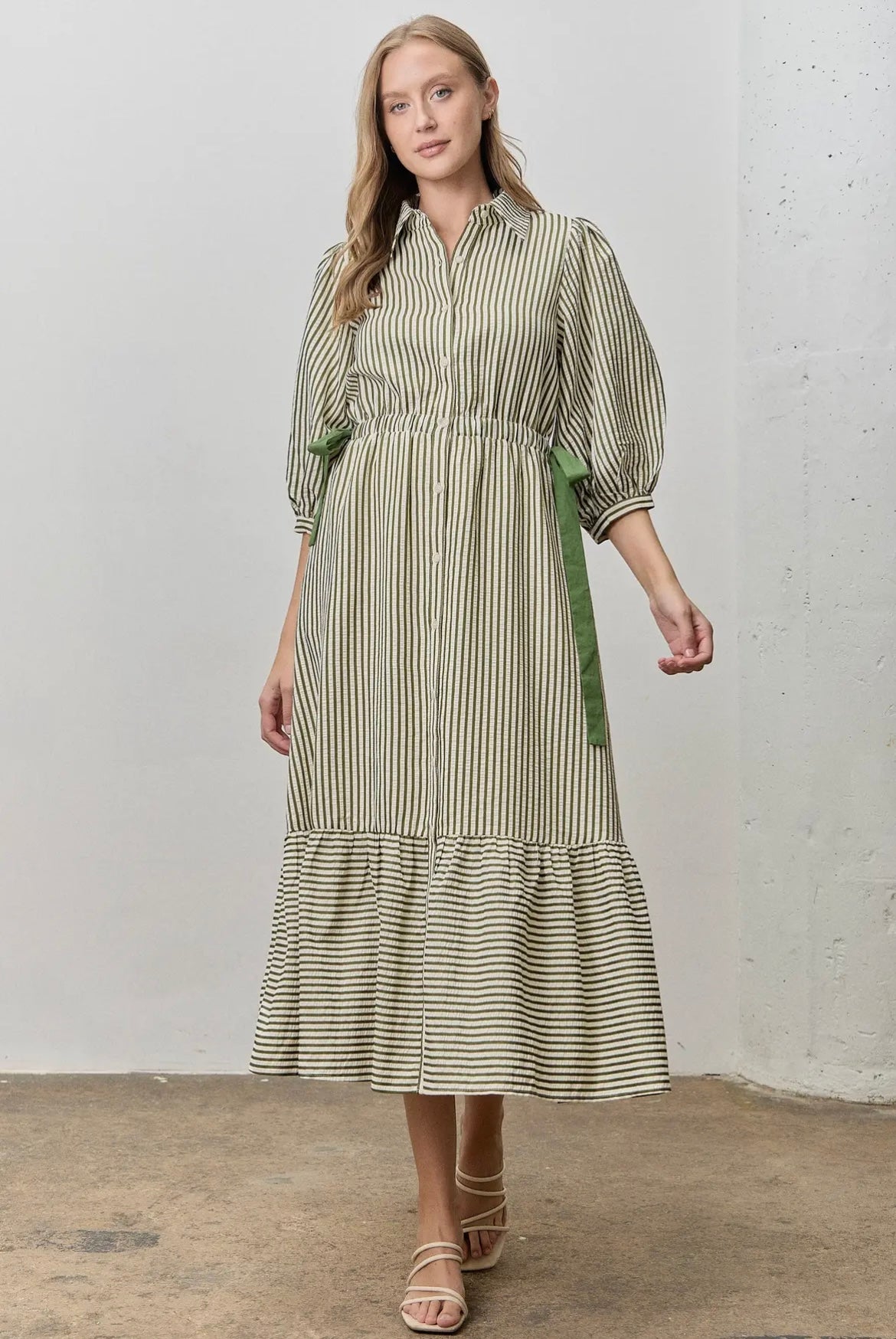 Green Striped Side Ribbon Midi Dress
