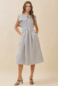 Striped Ruffled Square Collar Front Tie Midi Dress