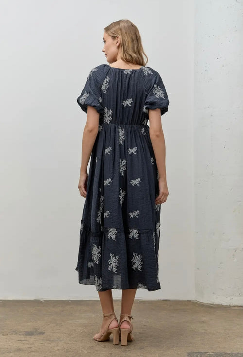 Embroidered Puff Sleeve Midi Dress