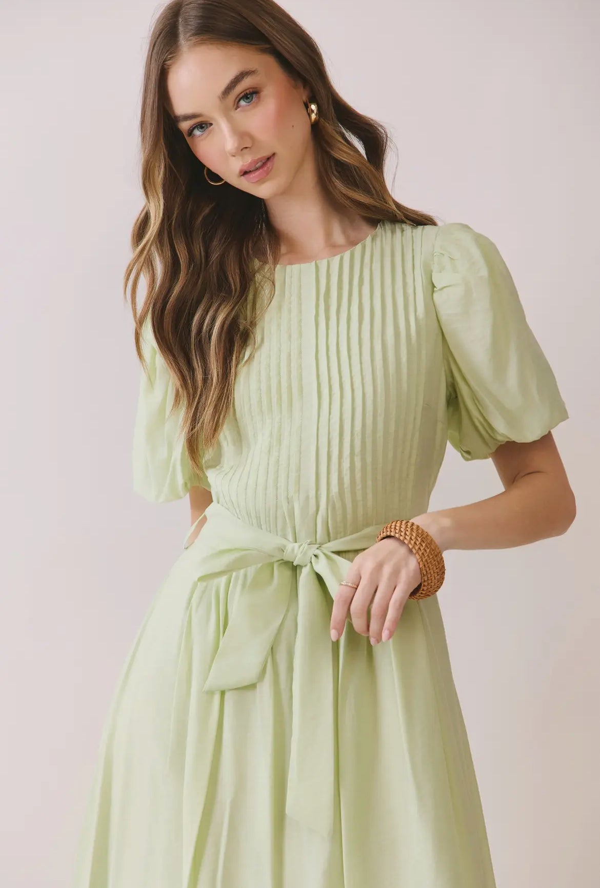 Pin-tuck Detail Puff Sleeve Tie-Waist Midi Dress