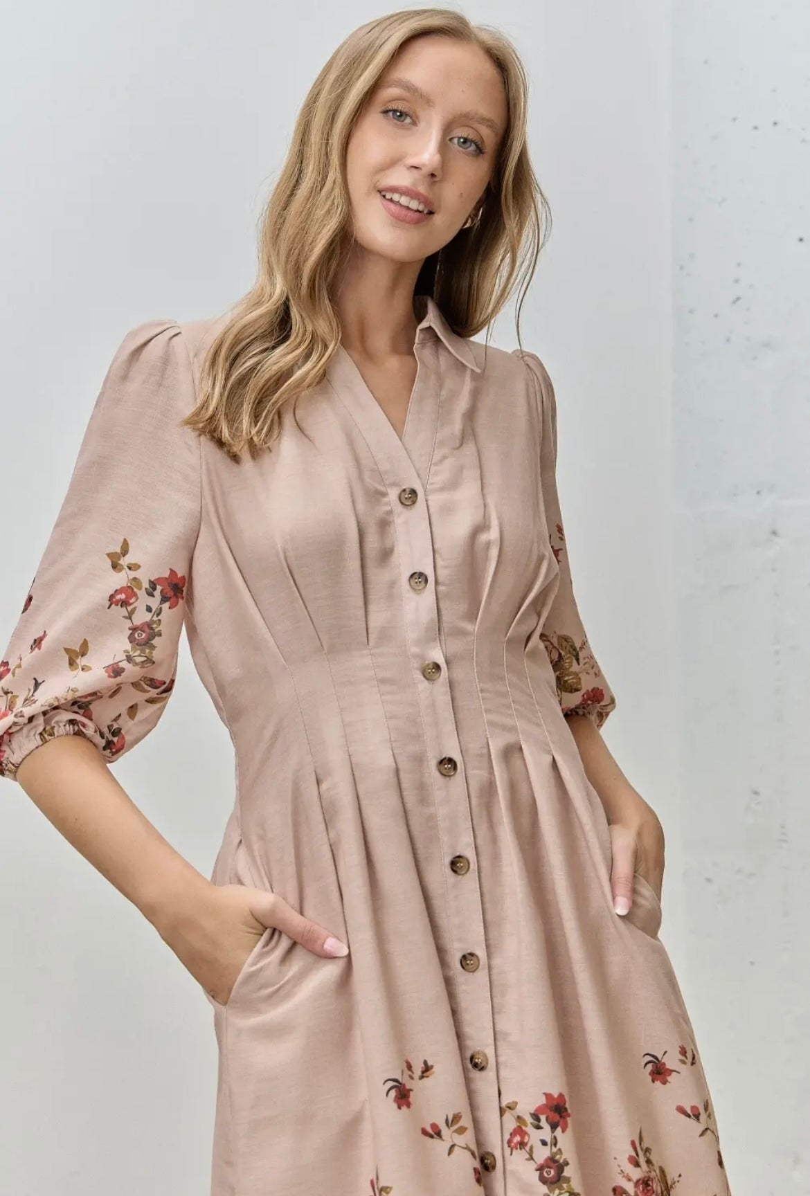 Pleated Bodice Button-Up Floral Midi Dress