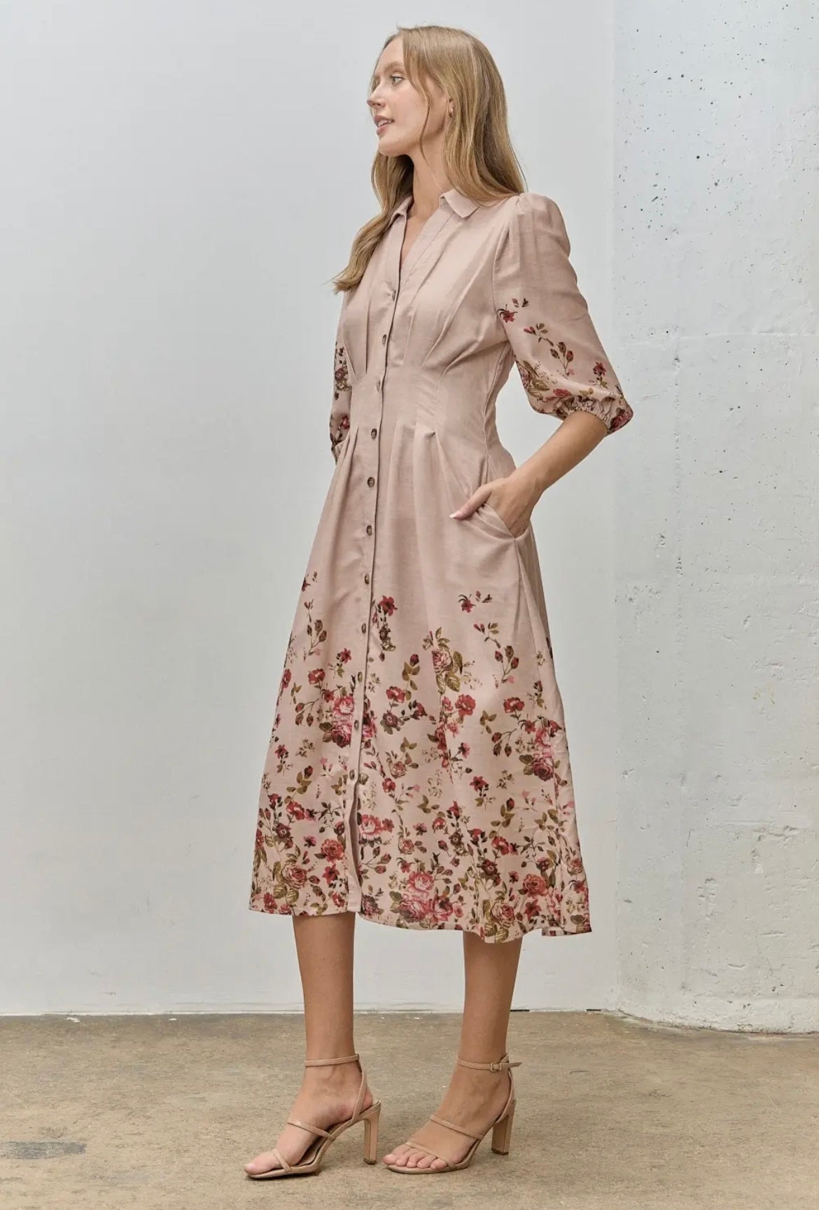Pleated Bodice Button-Up Floral Midi Dress