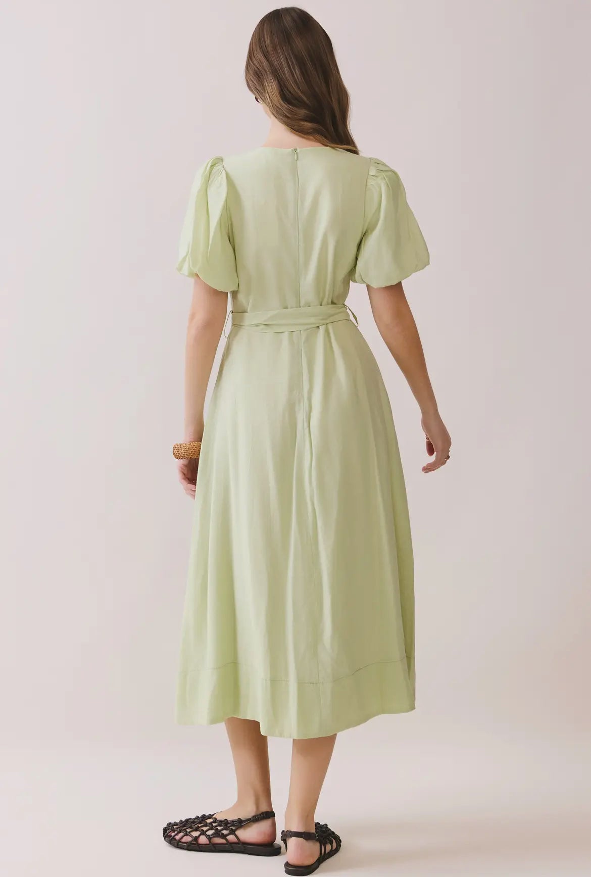 Pin-tuck Detail Puff Sleeve Tie-Waist Midi Dress