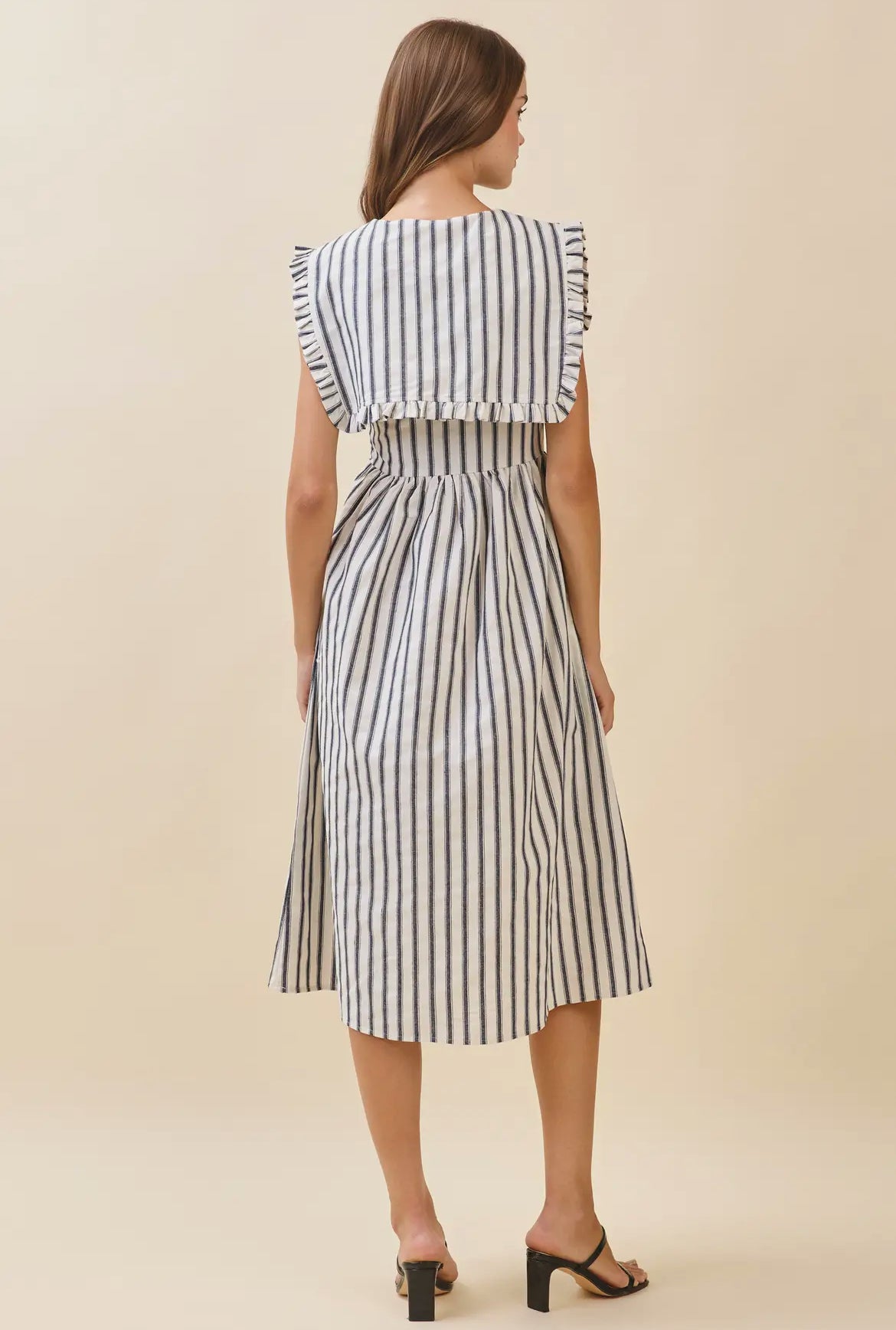 Striped Ruffled Square Collar Front Tie Midi Dress