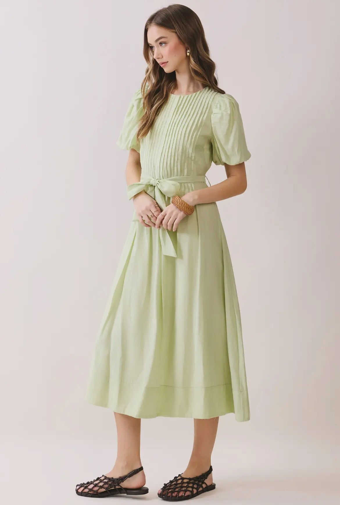 Pin-tuck Detail Puff Sleeve Tie-Waist Midi Dress