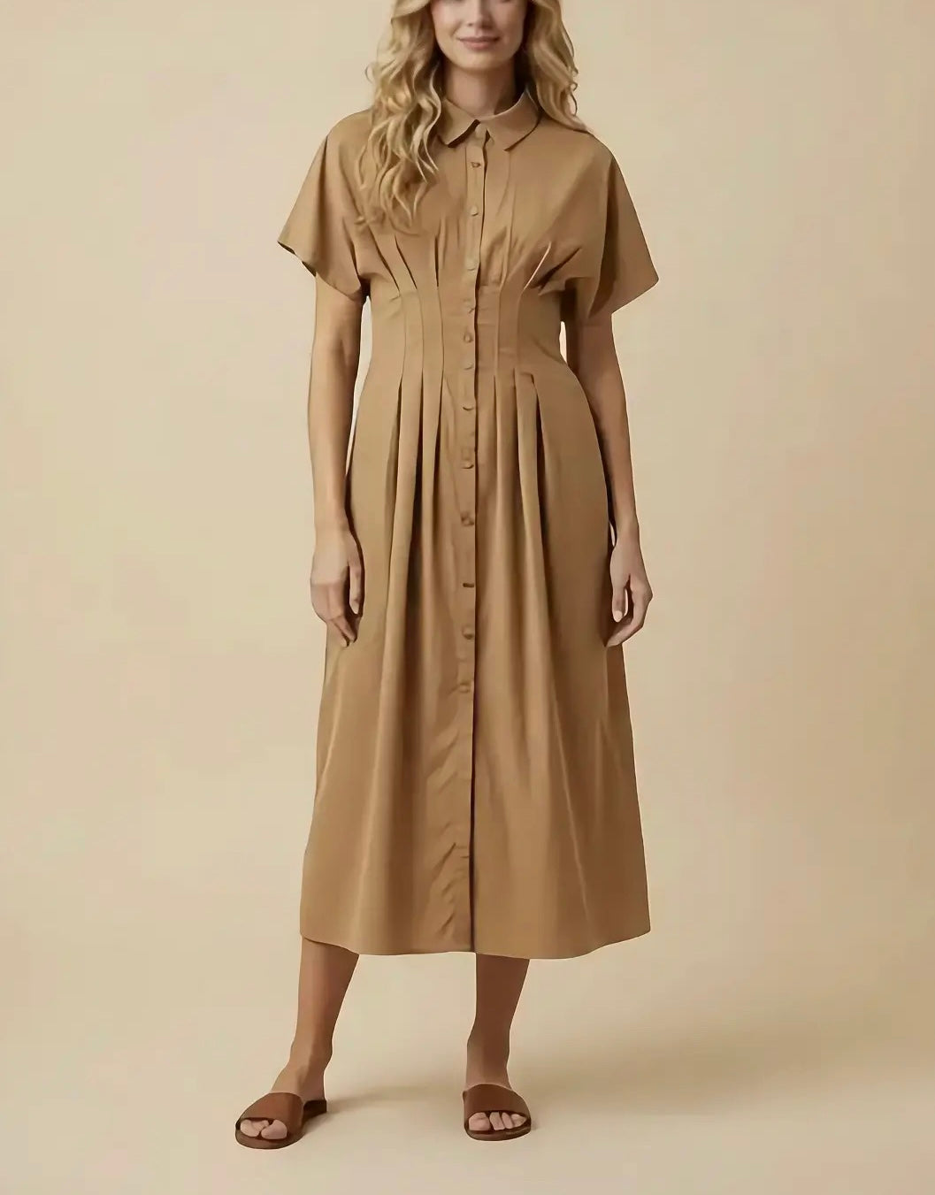 Cotton Pin-tucked Waist Button Up Corduroy Dress