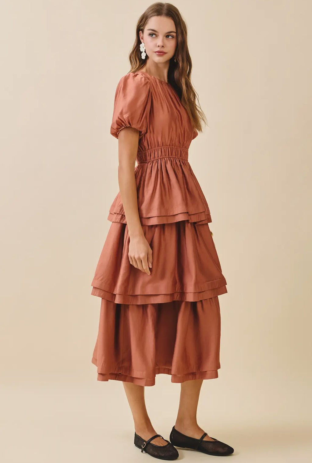 Smocked Waist Tier Skirt Gather Bodice Midi Dress