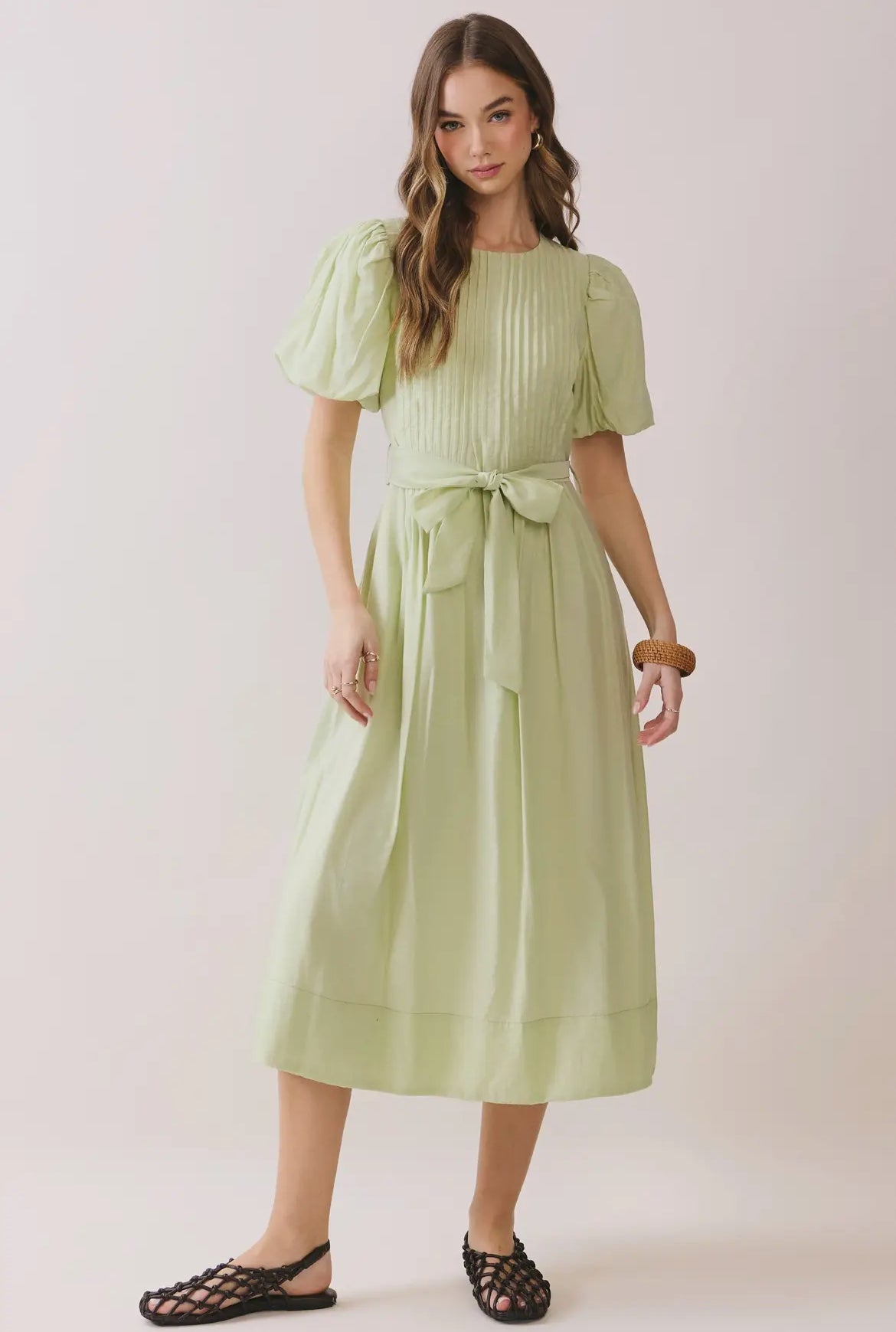 Pin-tuck Detail Puff Sleeve Tie-Waist Midi Dress
