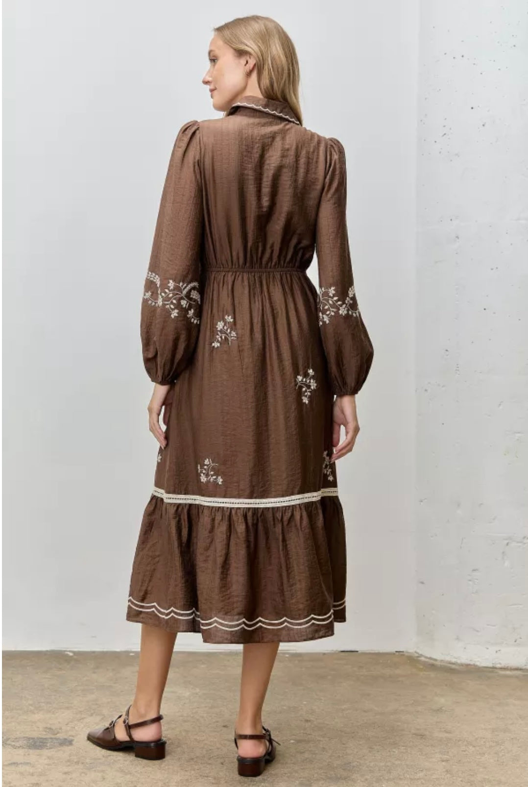 Floral Embroidery Button Front Embroidery Midi Dress