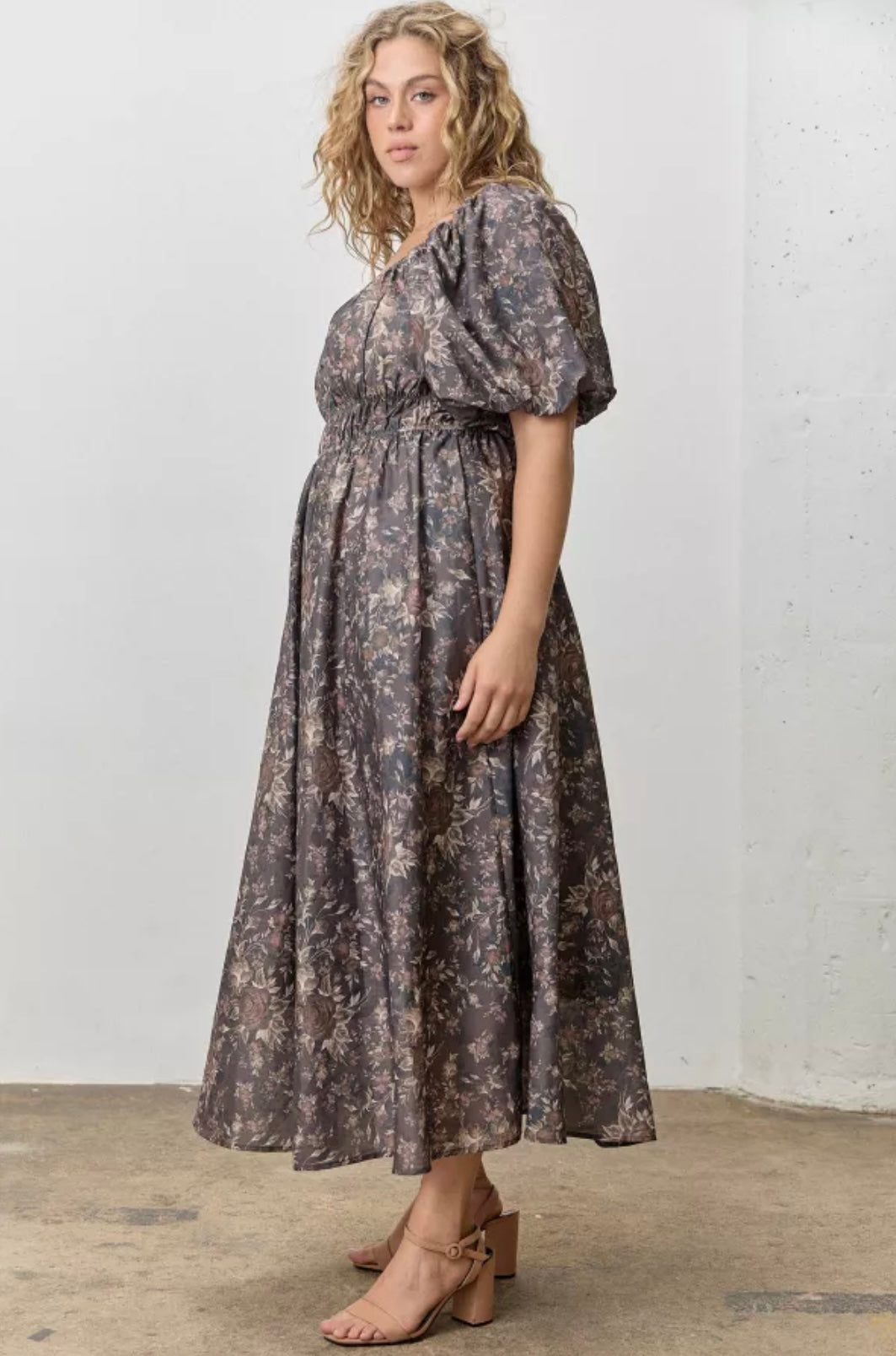 PLUS Floral Print Square Neck Bubble Sleeve Midi Dress