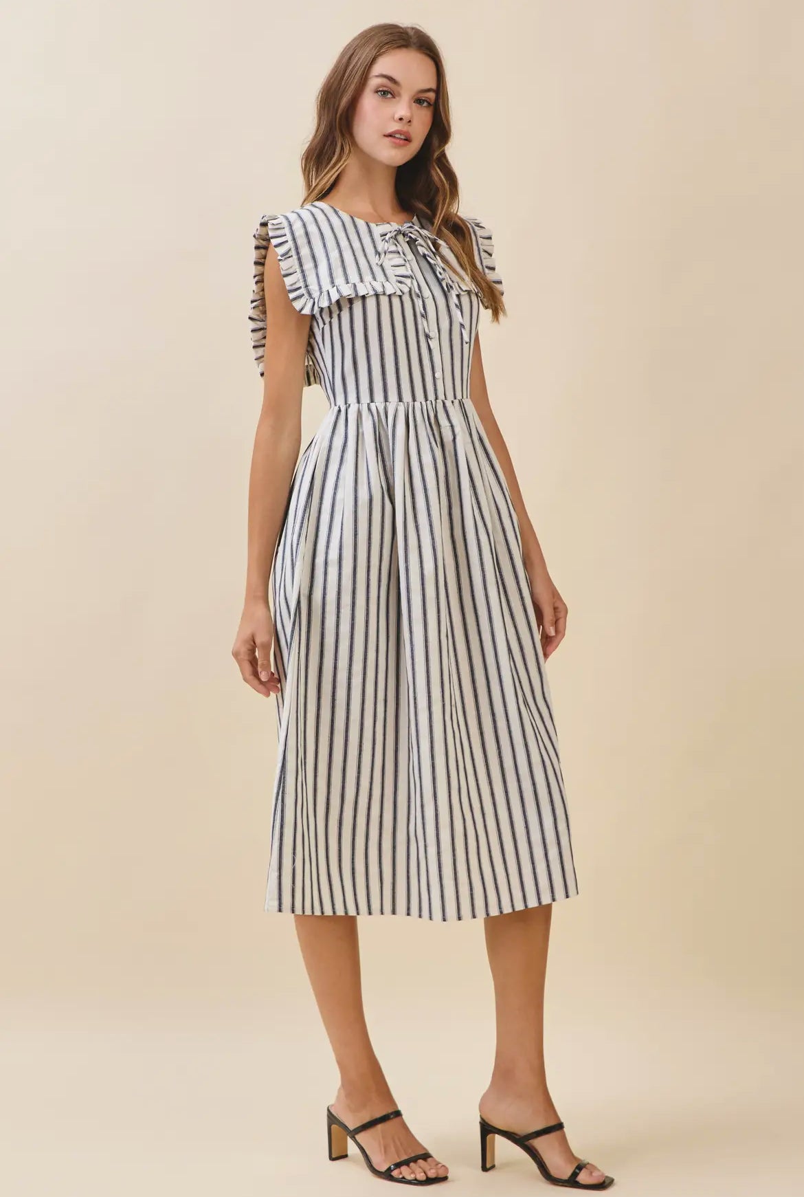 Striped Ruffled Square Collar Front Tie Midi Dress