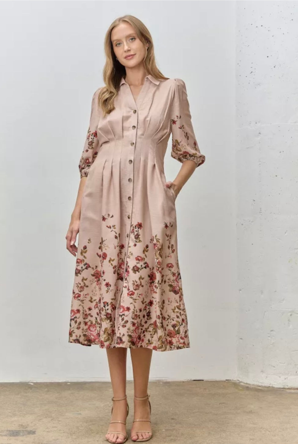 Pleated Bodice Button-Up Floral Midi Dress