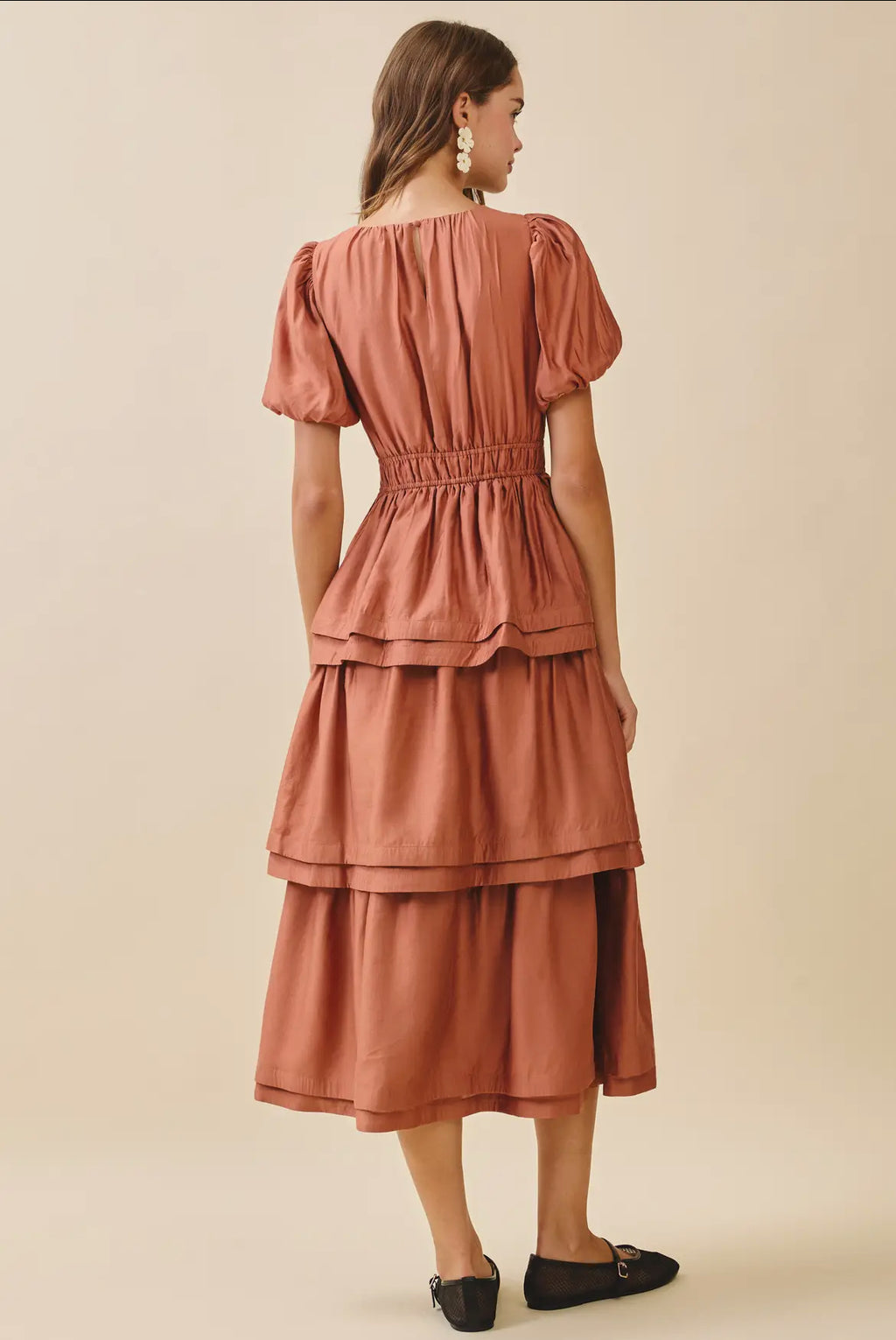 Smocked Waist Tier Skirt Gather Bodice Midi Dress