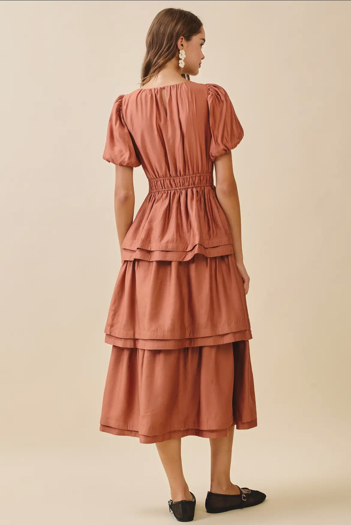 Smocked Waist Tier Skirt Gather Bodice Midi Dress