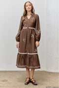 Floral Embroidery Button Front Embroidery Midi Dress