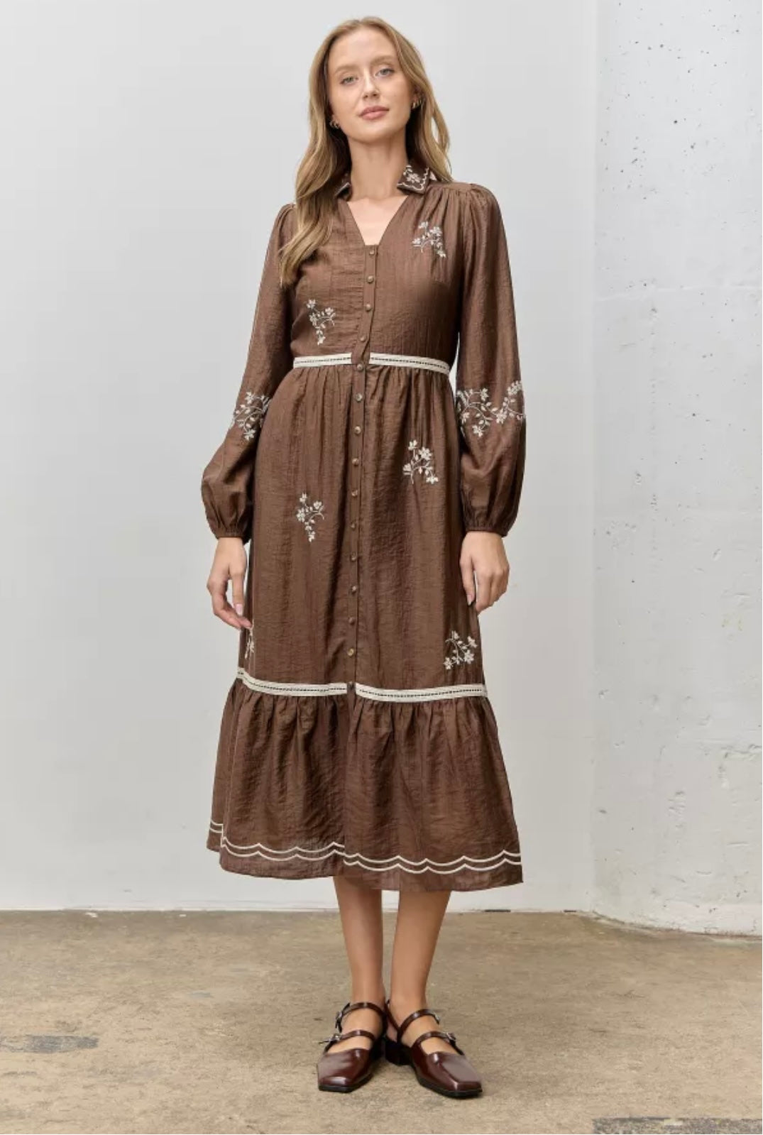 Floral Embroidery Button Front Embroidery Midi Dress