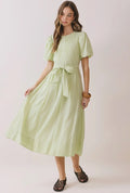Pin-tuck Detail Puff Sleeve Tie-Waist Midi Dress