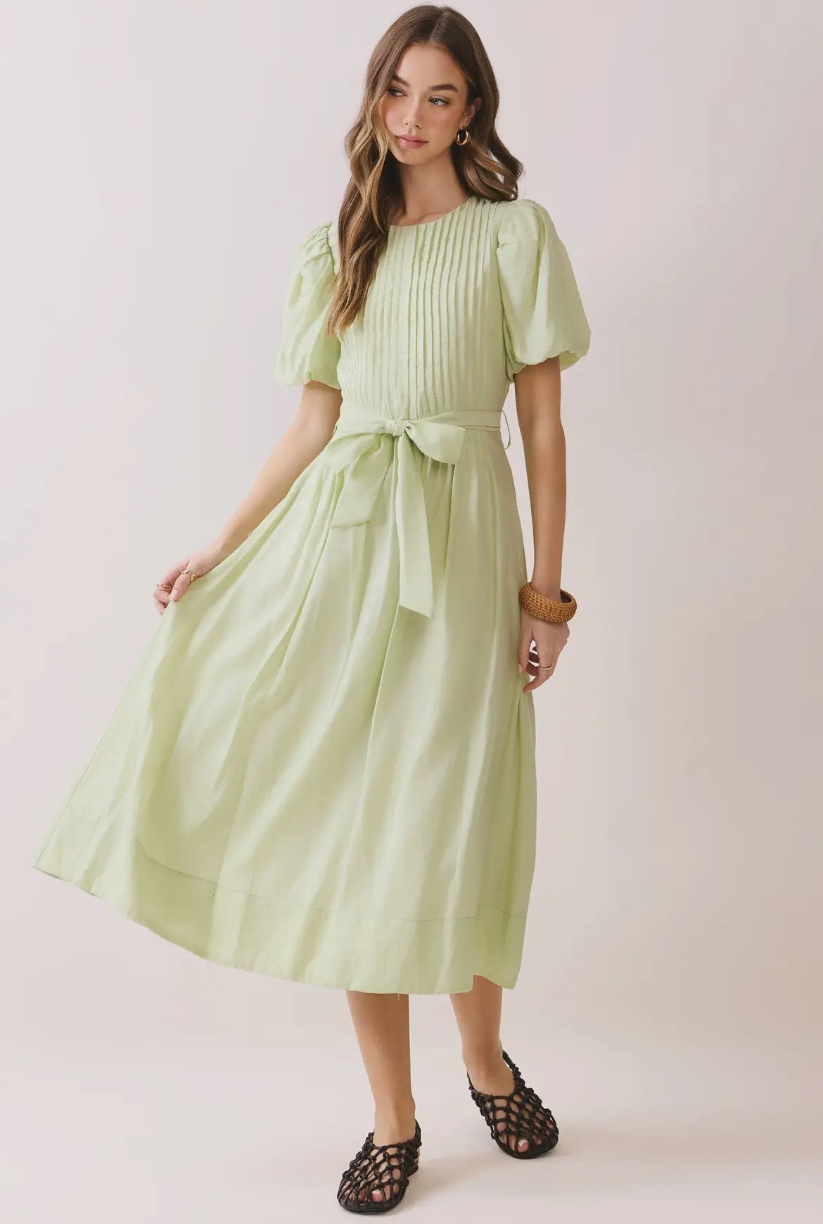 Pin-tuck Detail Puff Sleeve Tie-Waist Midi Dress
