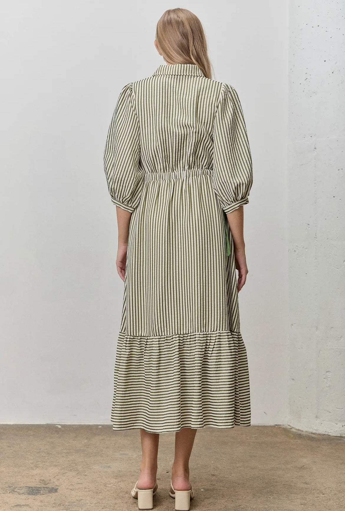 Green Striped Side Ribbon Midi Dress