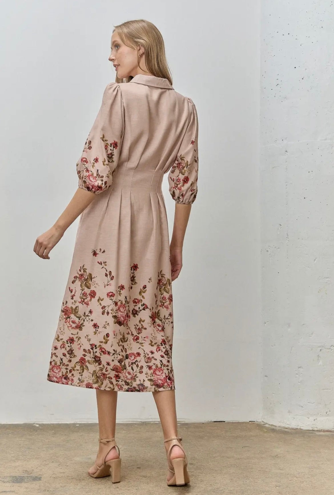 Pleated Bodice Button-Up Floral Midi Dress