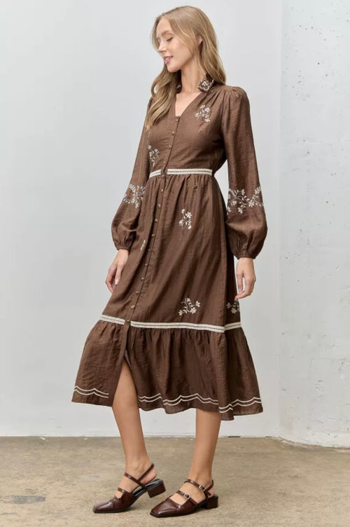Floral Embroidery Button Front Embroidery Midi Dress