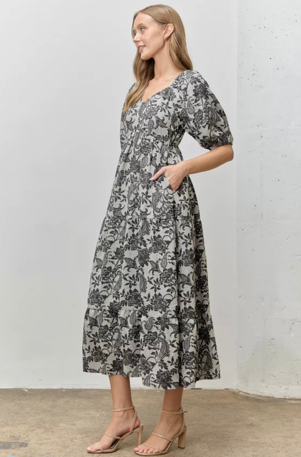 Printed Textured Tiered Midi Dress
