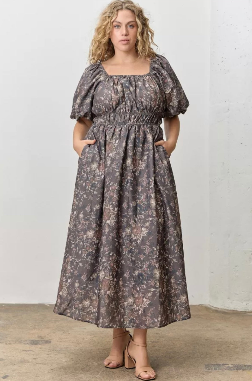 PLUS Floral Print Square Neck Bubble Sleeve Midi Dress