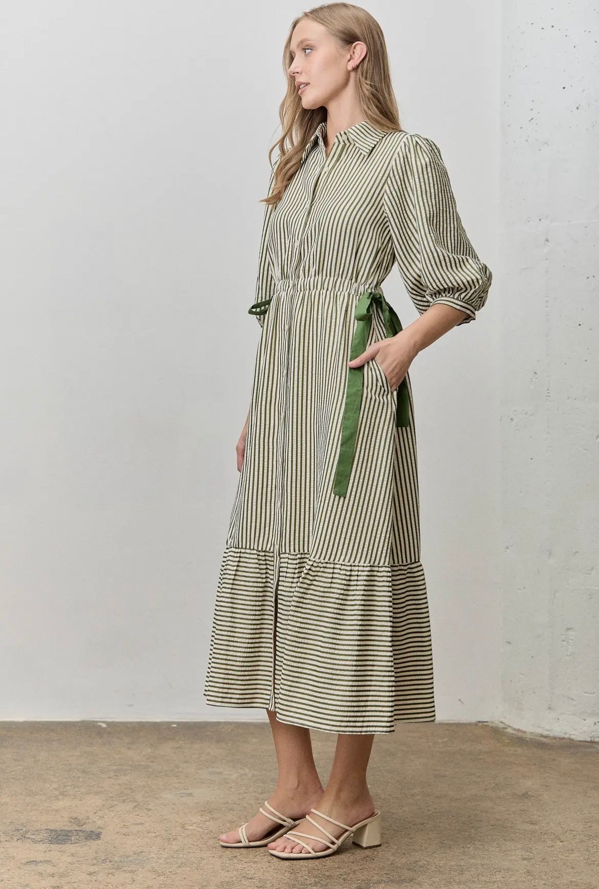 Green Striped Side Ribbon Midi Dress