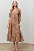 Jacquard Woven V-neck Short Sleeve Midi Dress