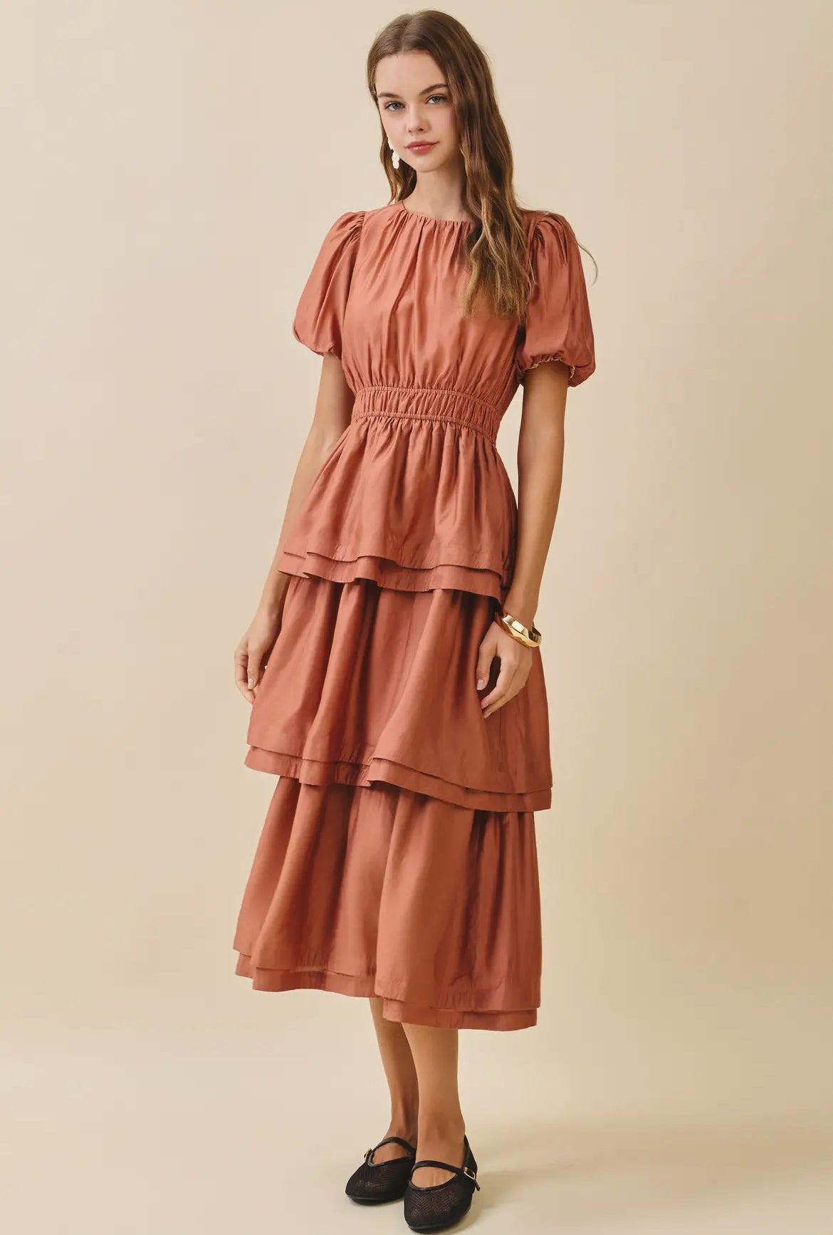 Smocked Waist Tier Skirt Gather Bodice Midi Dress